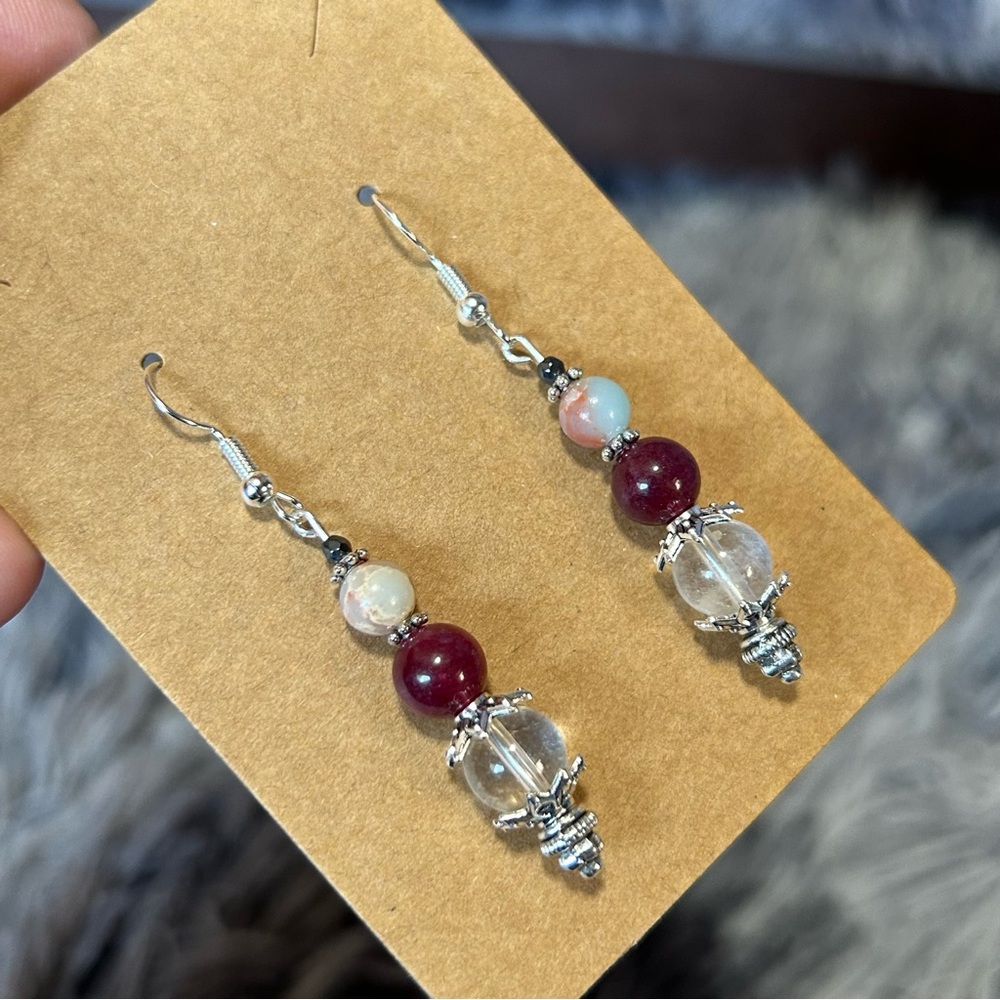 Handcrafted genuine quartz almandine garnet faceted hematite earrings